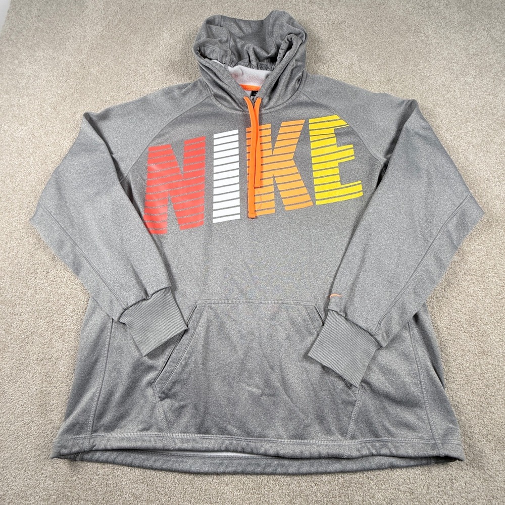 Nike Therma-FIT Hoodie Women XL Gray Graphic Pullover Thumbholes Sweatshirt